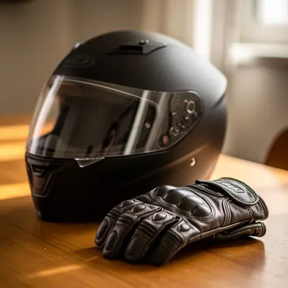 Close-up of motorcycle safety gear on a table: helmet and gloves, soft natural light, shallow depth of field, realistic photo, no brand logos, no text
