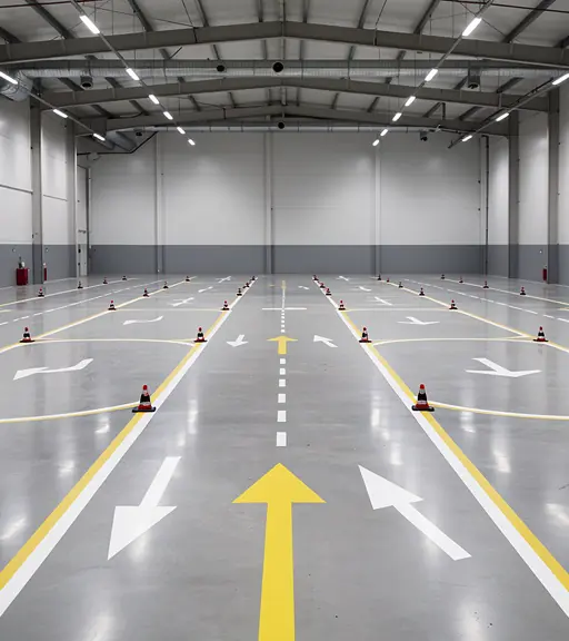 Indoor motorcycle training environment with clear lane markings and structured layout, empty space ready for practice, modern lighting, realistic photo, clean composition, no people, no logos

