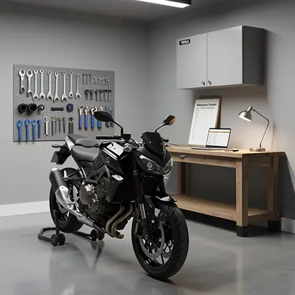 Modern garage with a motorcycle on a stand, tools neatly arranged, checklist notebook on a workbench, realistic photo, clean composition, no logos

