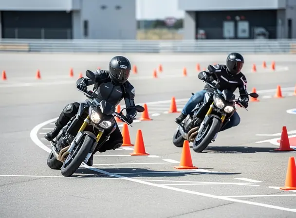 Two motorcycle riders practicing controlled riding in a bright training area, cones and lane markings, focus on technique and safety, realistic photo, clean modern environment, high detail, no weapons, no logos
