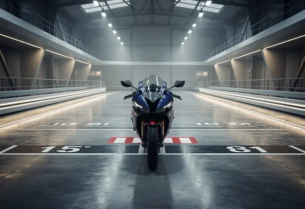 Modern indoor motorcycle track with a sport bike positioned at the starting line, dynamic lighting, clean architectural lines, high detail, realistic atmosphere, cinematic perspective, no people in foreground
