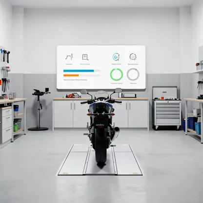 Minimal clean motorcycle workshop scene with a wall display showing maintenance indicators, neutral lighting, realistic photo, no brands, no text overlays
