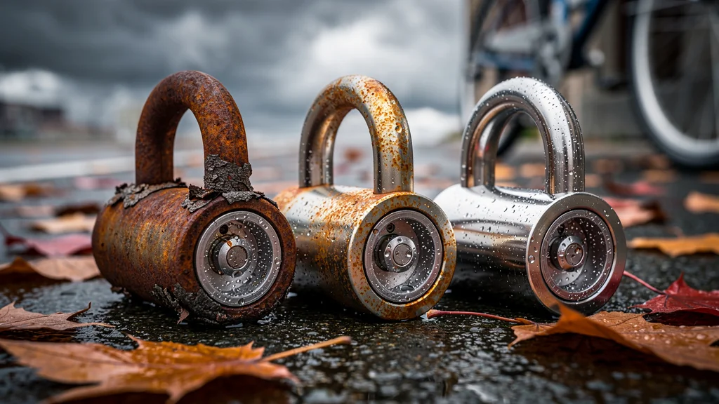 Trois antivols disques usés par six mois de pluie, montrant rouille et état du barillet