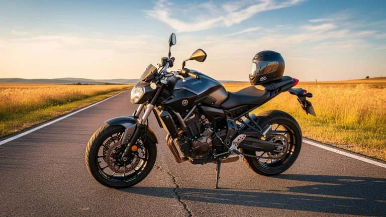 Yamaha MT-07 après 8 000 km en été avec usures visibles sur route ensoleillée