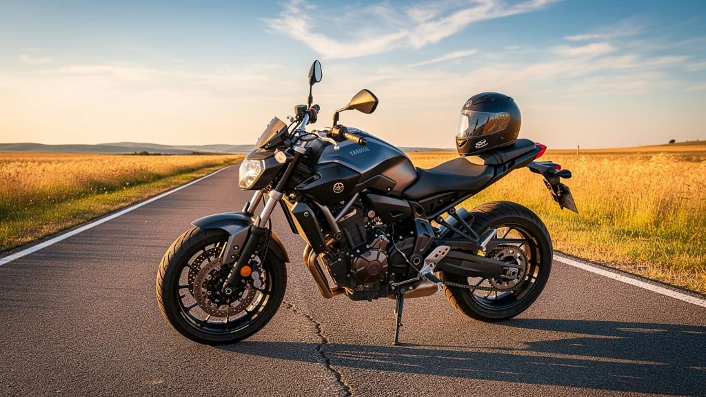 Yamaha MT-07 après 8 000 km en été avec usures visibles sur route ensoleillée