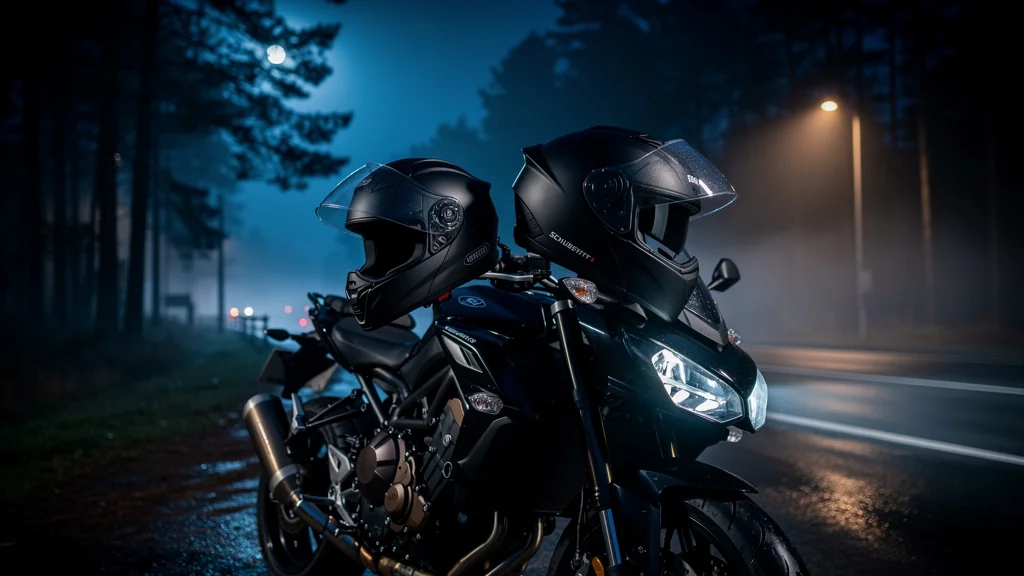 Casques modulables Shoei et Schuberth sur moto la nuit, choix après 4 ans d'expérience sur route