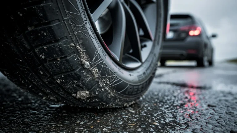 Pneu en limite d'usure sur route mouillée illustrant freinage mou et danger au volant