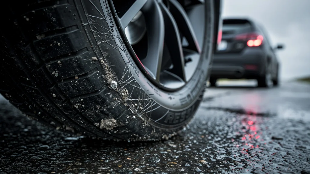 Pneu en limite d'usure sur route mouillée illustrant freinage mou et danger au volant