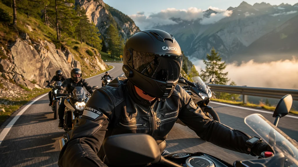 Groupe de motards en cols utilisant un intercom Cardo pour communiquer en roulant ensemble