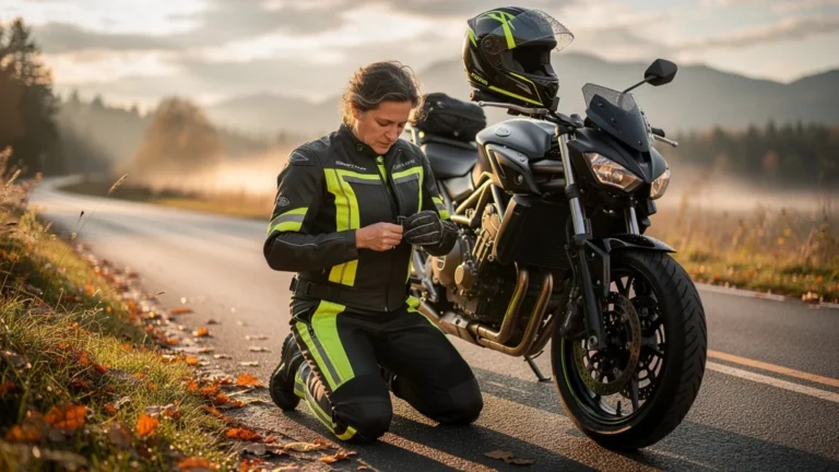 Motard frustrée au bord de la route avec zip cassé sur combinaison deux pièces, dilemme tenue moto