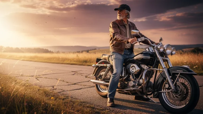 Homme âgé avec Harley 1975 contemplant le contrôle technique moto obligatoire en 2026