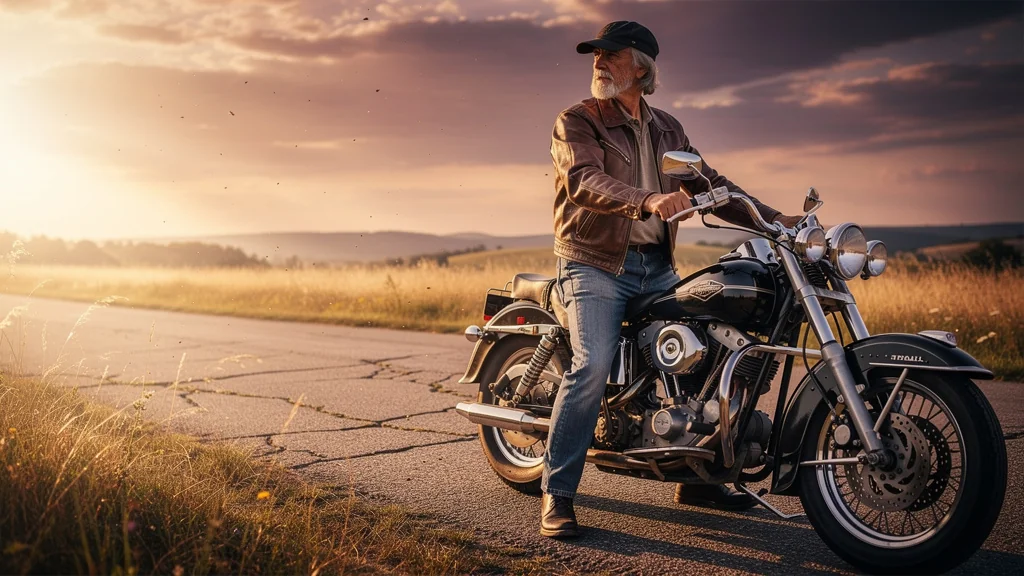 Homme âgé avec Harley 1975 contemplant le contrôle technique moto obligatoire en 2026