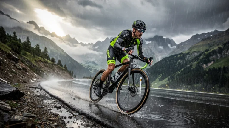 Descente du col de la Madeleine sous la pluie battante avec un cycliste en pleine action intense