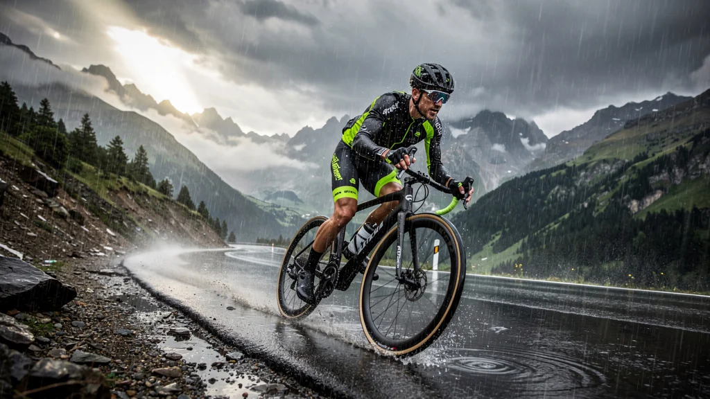 Descente du col de la Madeleine sous la pluie battante avec un cycliste en pleine action intense