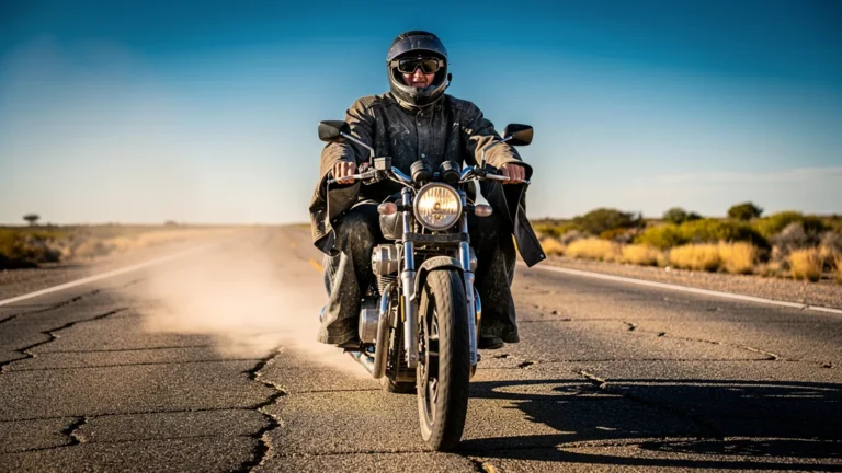 Motorcycliste fatigué en combi trop grande après 800 km d'inconfort intense sur route dégagée