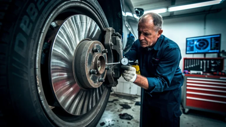 Contrôle freins reporté, disque de frein voilé visible dans un atelier auto réaliste et ultra-détaillé