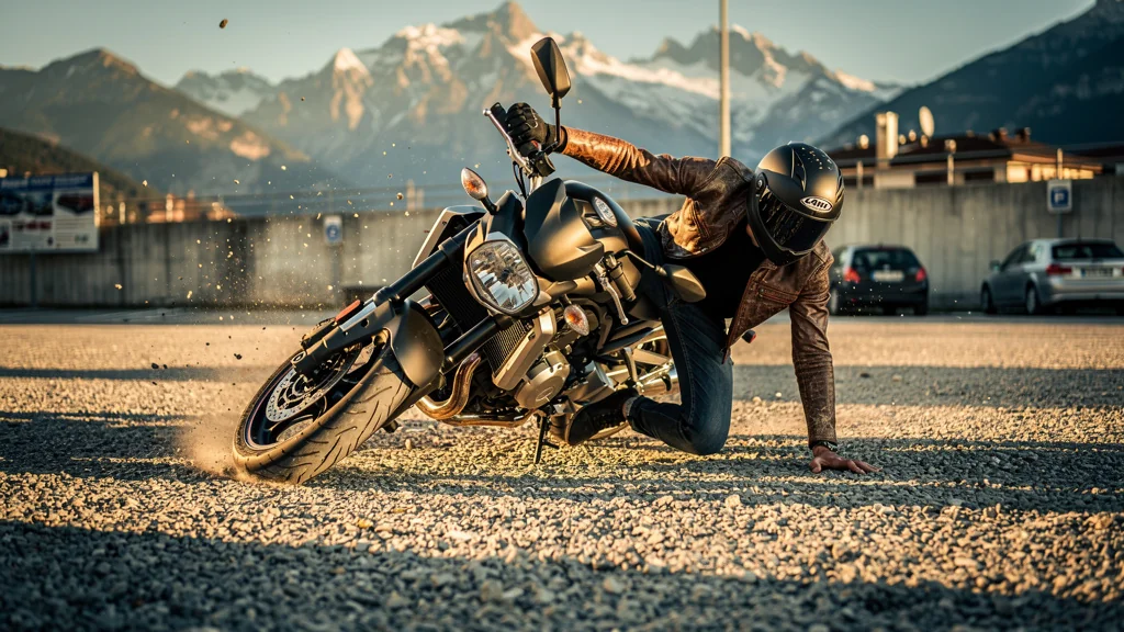 Chute au ralenti d’une moto dans un parking en gravier à Grenoble en lumière dorée
