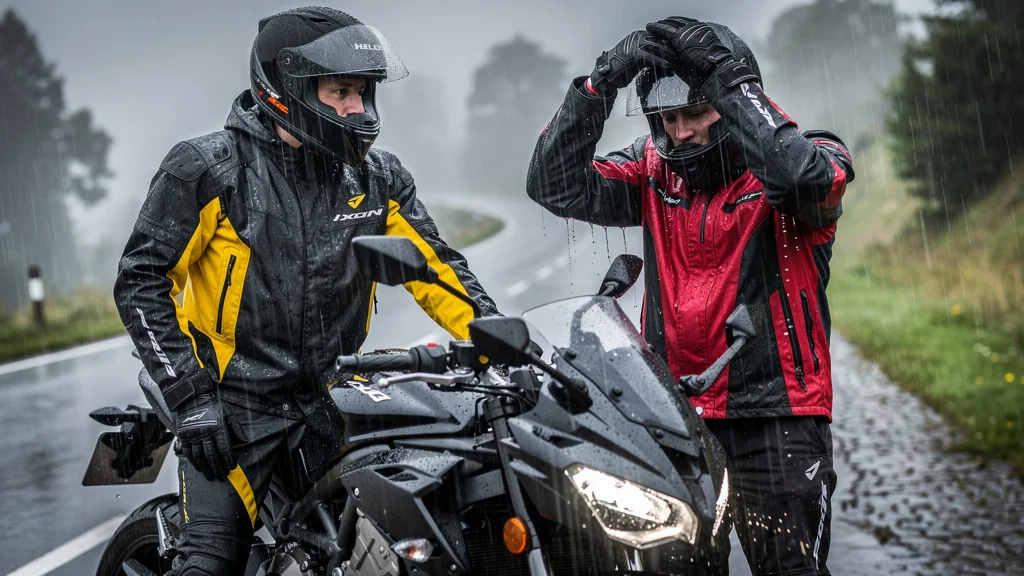Comparatif photo hyper-réaliste des combinaisons pluie Held et Ixon sous une pluie continue
