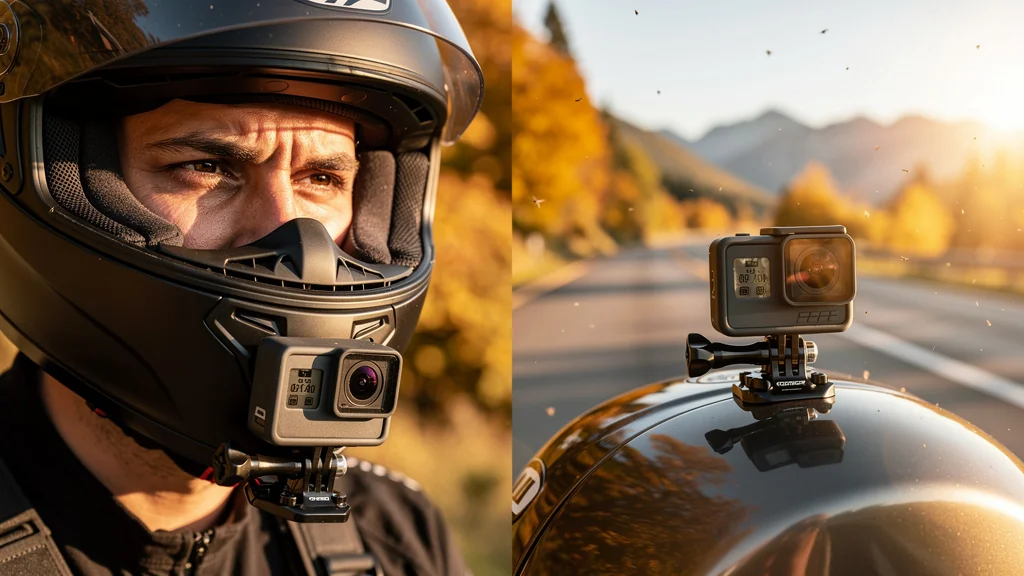 Comparaison ultra-réaliste GoPro Hero 12 fixée au menton et sur réservoir lors d’un test moto sur route