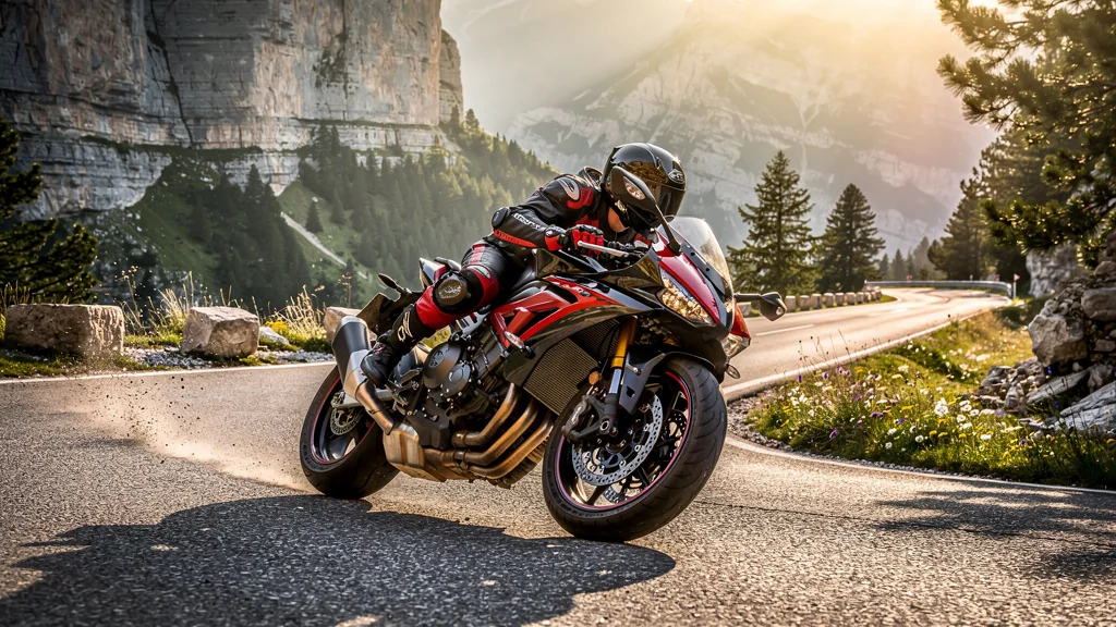 Motard touchant le genou dans un virage serré au Vercors sur une moto sportive en pleine action