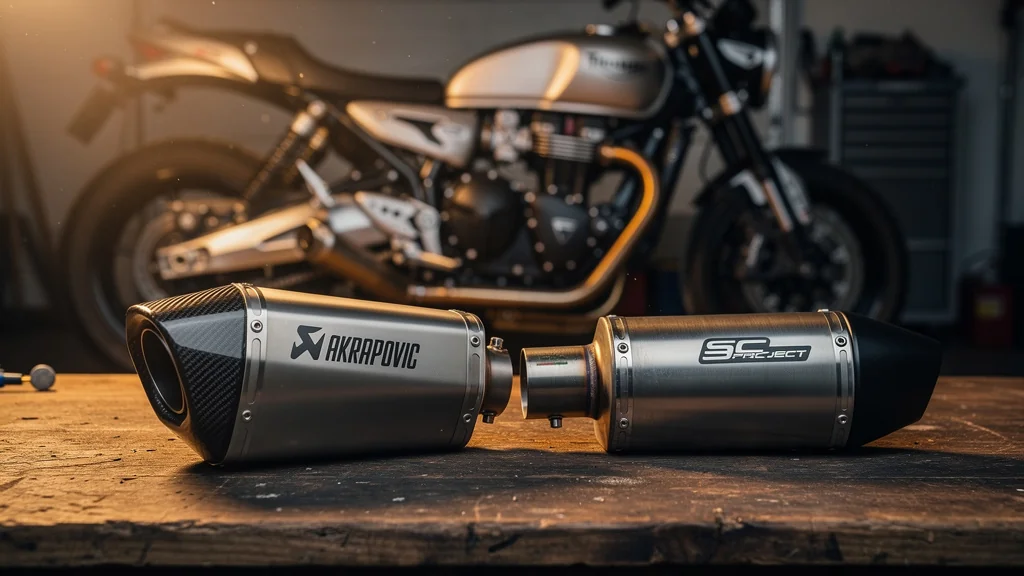 Comparaison détaillée des silencieux Akrapovic et SC-Project sur Triumph après 10 000 km