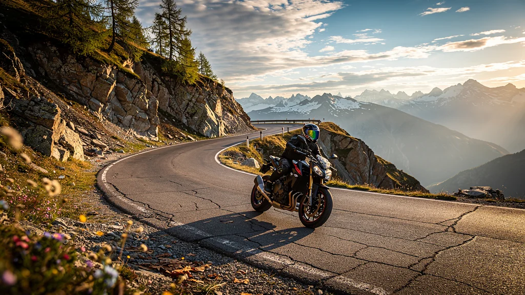 Virage en épingle du Lautaret en montagne avec motard concentré et paysage lointain spectaculaire