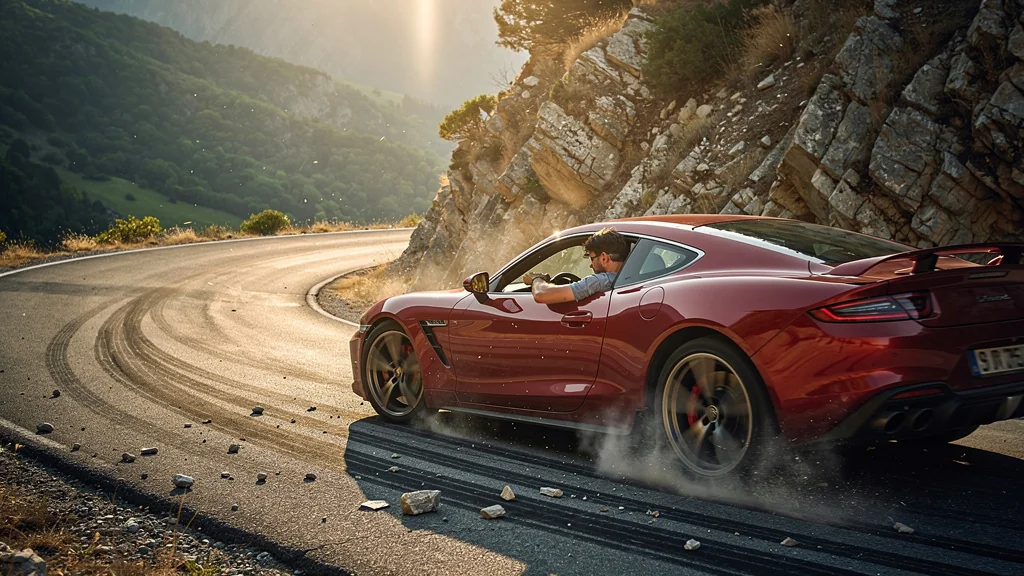 Virage serré pris trop vite avec une voiture rouge en glissade et leçon durable