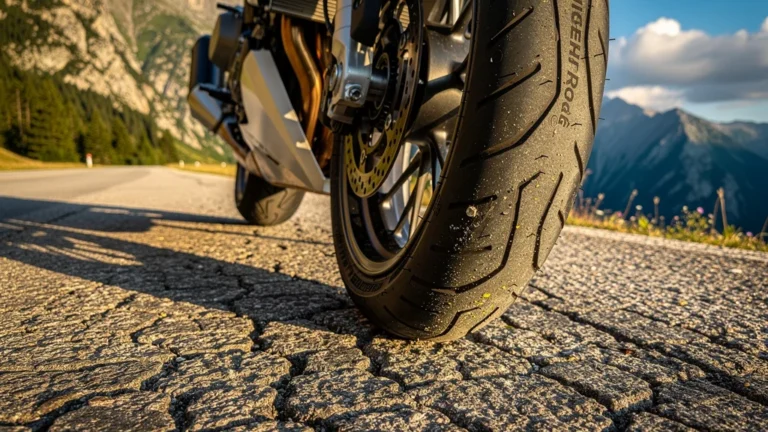 Pneus Michelin Road 6 usés après 8000 km sur routes de montagne, détails réalistes et ambiance d’aventure