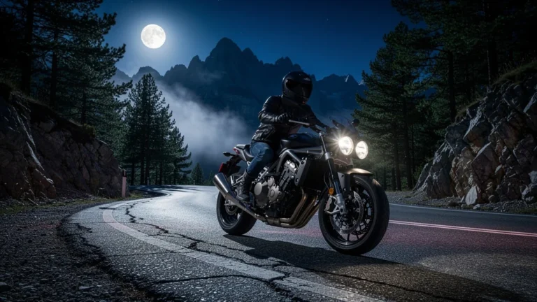Balade nocturne réaliste sur la route Napoléon entre Gap et Grenoble avec moto et levier de frein vibrant