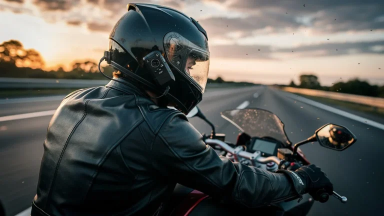 Rider at 130 km/h with vibrating intercom on helmet causing discomfort et tension sur route ouverte