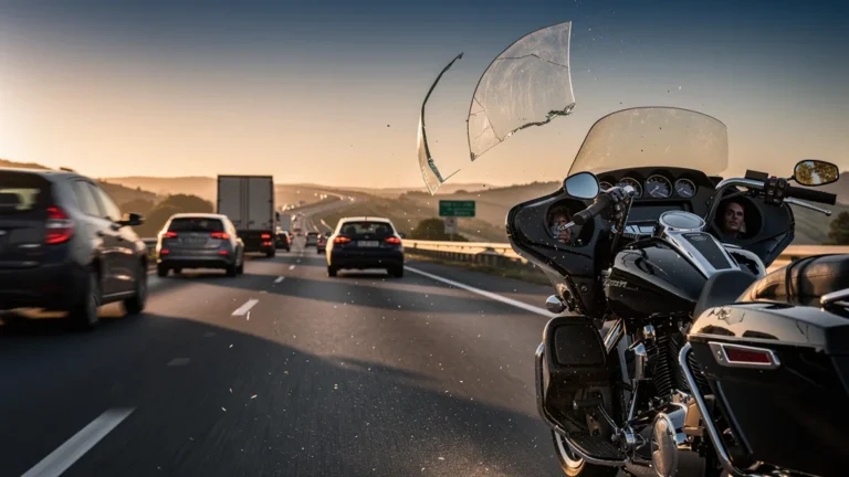 Photo réaliste d’une bulle de moto perdue sur autoroute suite à un oubli de serrage