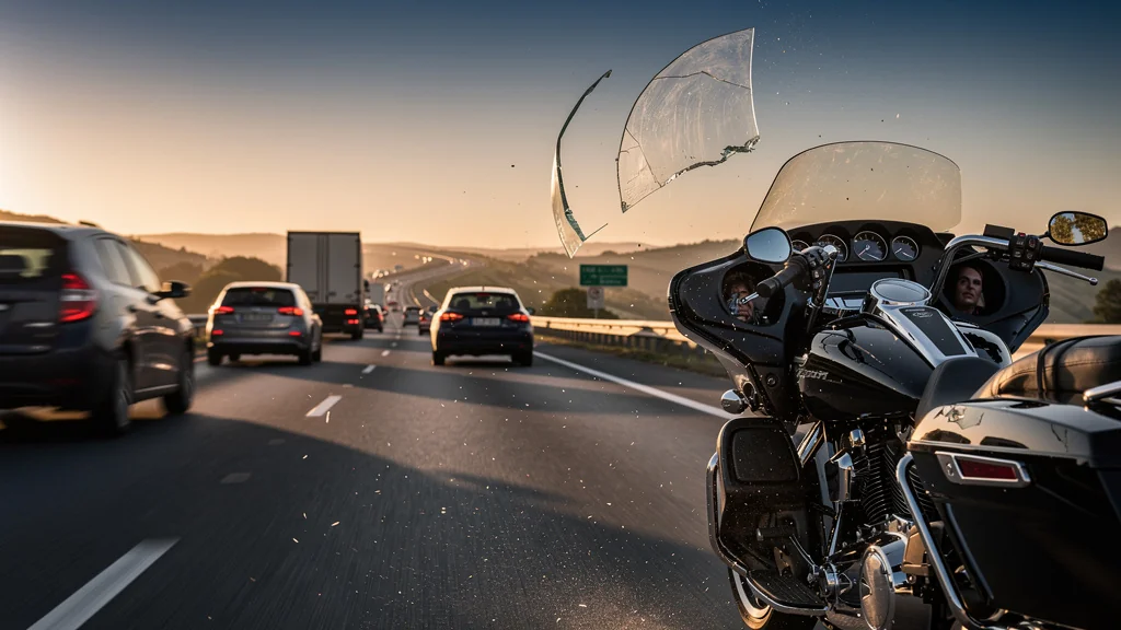 Photo réaliste d’une bulle de moto perdue sur autoroute suite à un oubli de serrage