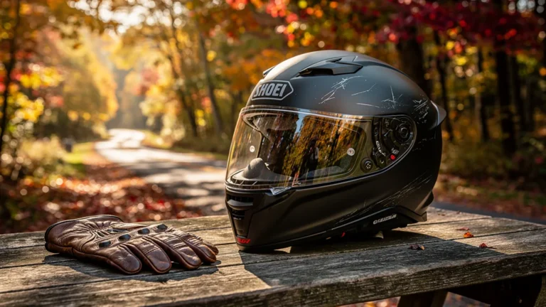 Casque Shoei GT-Air 2 usé après trois saisons, posé sur une table en bois en automne