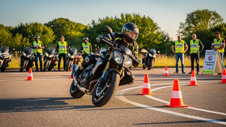 Stage perfectionnement FFMC avec motard en formation pratique sur circuit sécurisé, apprentissage concret