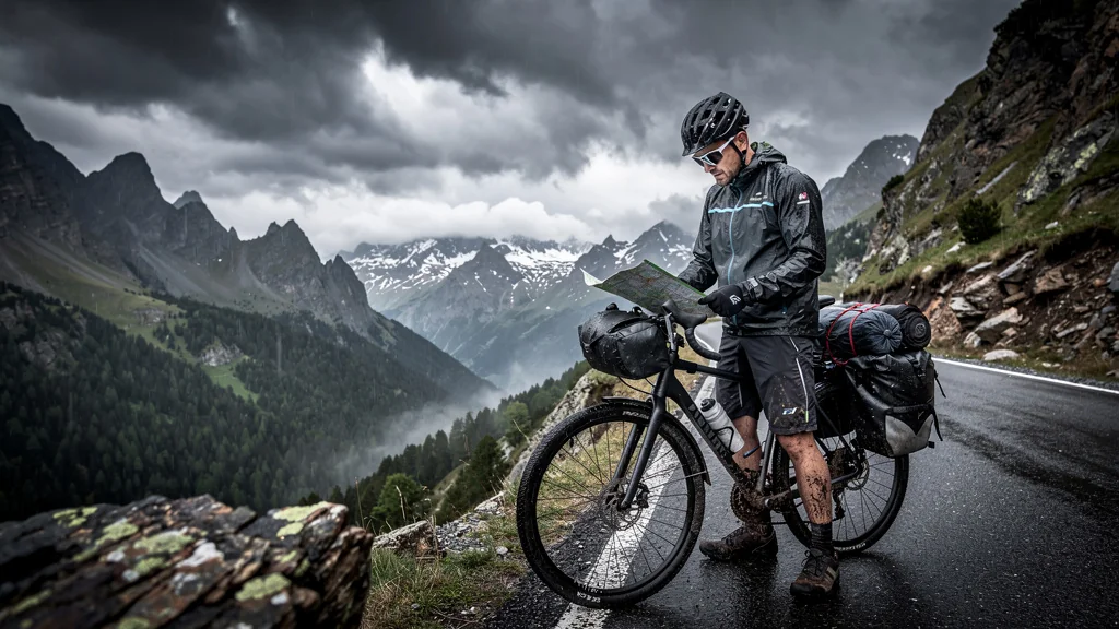 Cycliste en préparation sur route pluvieuse des Pyrénées, météo changeante impactant son tour de 5 jours