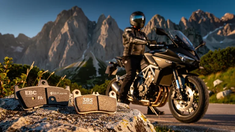 Plaquettes de frein EBC FA et SBS Sintered testées sur 15 000 km en montagne avec moto et paysage alpin