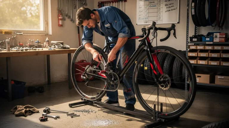 Mécanicien révisant une chaîne et changeant des plaquettes de frein vélo en garage lumineux