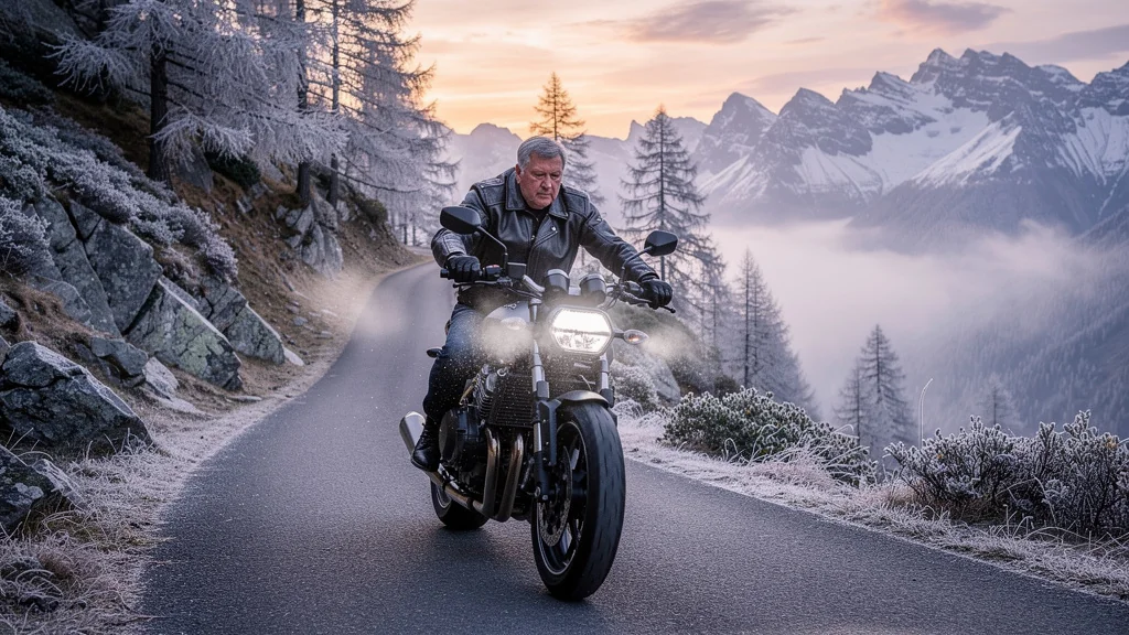 Motard avec gants été roule au froid du matin de novembre dans les Alpes enneigées