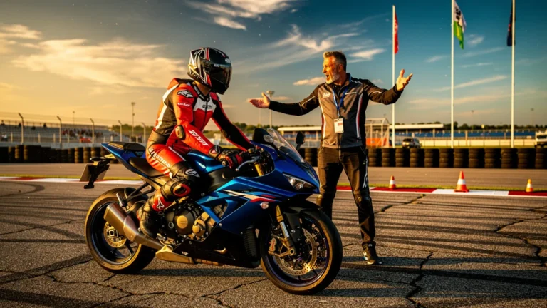 Coureur moto en stage piste progressant après plusieurs stages sécurité sur circuit professionnel